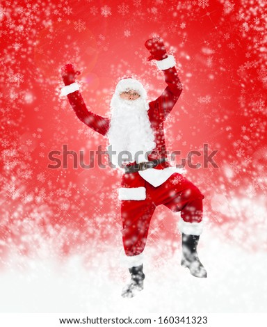 Santa Claus dancing full length over red christmas background abstract winter snow, hold hand up dance with raised arms, concept of happy new year
