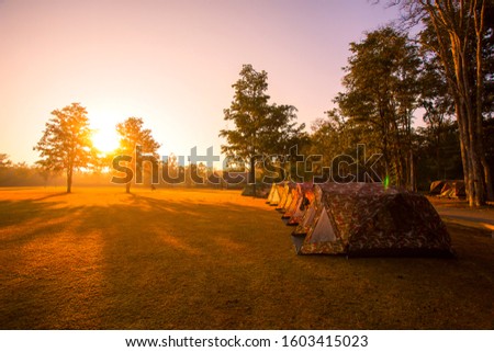 Camping tent in the  in the lawn on the top of mountain in the sunrise with Mist