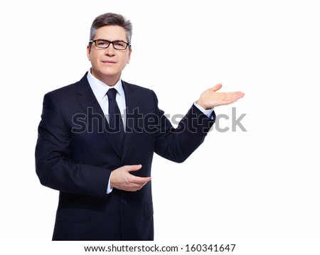 Businessman isolated over white background presenting copyspace. Royalty-Free Stock Photo #160341647