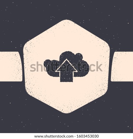 Grunge Cloud upload icon isolated on grey background. Monochrome vintage drawing. Vector Illustration