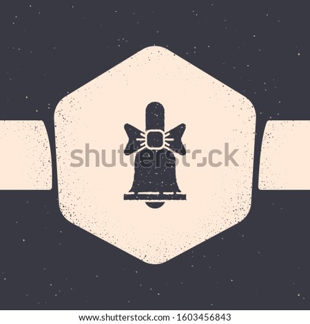 Grunge Merry Christmas ringing bell icon isolated on grey background. Alarm symbol, service bell, handbell sign, notification. Monochrome vintage drawing. Vector Illustration