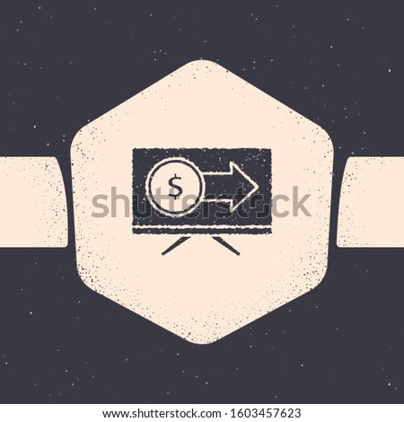 Grunge Monitor with dollar symbol icon isolated on grey background. Online shopping concept. Earnings in the Internet, marketing. Monochrome vintage drawing. Vector Illustration