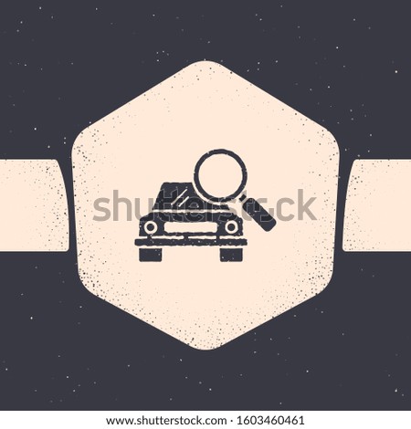 Grunge Car search icon isolated on grey background. Magnifying glass with car. Monochrome vintage drawing. Vector Illustration