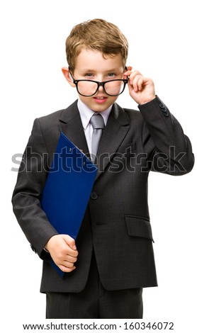 Half-length portrait of little businessman with folder wearing glasses, isolated on white. Concept of leadership and success