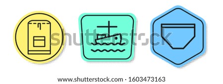Set line Backpack, Fishing boat on water and Swimming trunks. Colored shapes. Vector