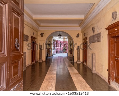 Rome Italy, vintage building portico entrance and internal yard