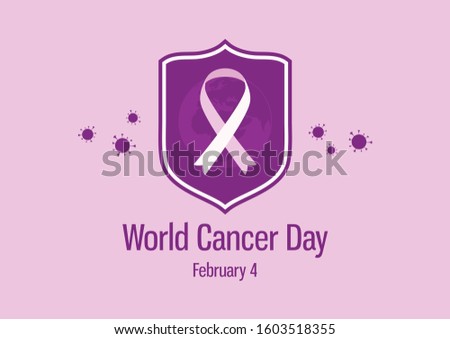 World Cancer Day illustration. Violet ribbon symbol. World Cancer awareness purple ribbon illustration. Shield with ribbon. Cancer Day Poster, February 4. Important day
