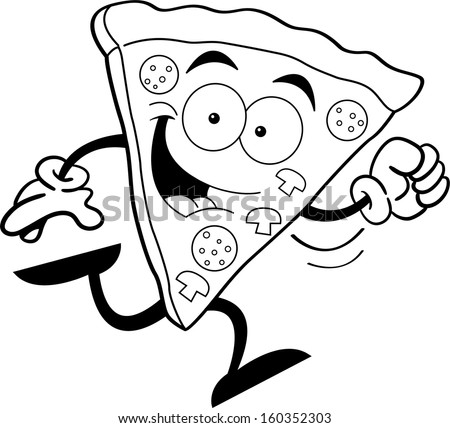 Black and white illustration of a slice of pizza running.