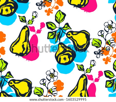 Seamless floral pattern with pear and flowers. Ornamental decorative background. Vector pattern. Print for textile, cloth, wallpaper, scrapbooking