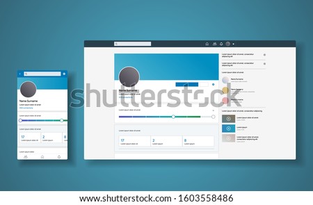 CV profile inspired by Linkedin style app. Responsive interface design for smartphone and web. Social media for search offer, employee, work or Jobs in. Linked Vector illustration. Royalty-Free Stock Photo #1603558486