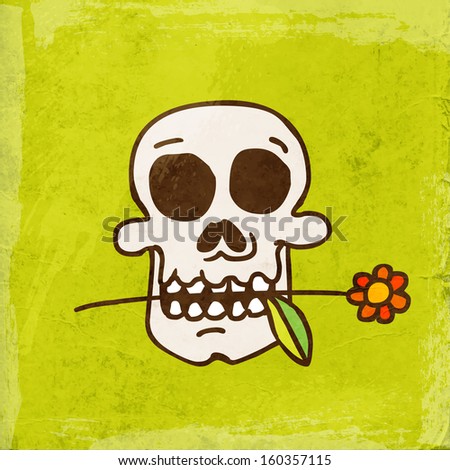 Cartoon Skull with Flower. Cute Hand Drawn Vector illustration, Vintage Paper Texture Background