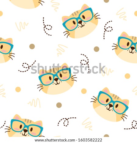 Cute yellow cat animal pattern with dot, blue glasses and line Vector on white background, good for fabric, print and other uses.