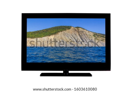full hd monitor or TV with an island in the sea on the screen isolated on white background