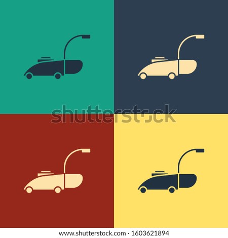 Color Lawn mower icon isolated on color background. Lawn mower cutting grass. Vintage style drawing. 