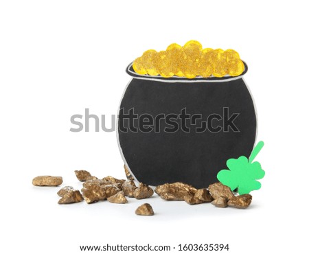 Leprechaun's pot with treasure on white background. St. Patrick's Day celebration