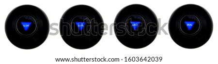 Set of four magic eight balls predictions PERCENTS OFF, DEAL, SALE, GIFT isolated on white background
