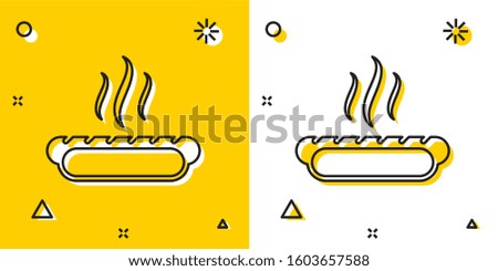 Black Hotdog sandwich with mustard icon isolated on yellow and white background. Sausage icon. Fast food sign. Random dynamic shapes. 