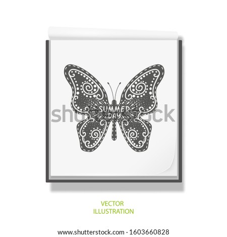 Flying butterfly silhouette .Butterfly pattern .Lettering Summer Day .Open notebook for drawing .White sketchbook .Rest, vacation Vector illustration .