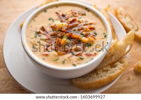 Soups. Homemade savory beef or chicken stock soups. Traditional classic american restaurant menu favorite. Bacon cheddar soups and chicken vegetable. 