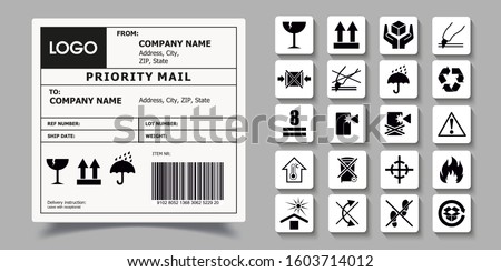 Barcode Label Delivery Template. SET OF PACKAGING SYMBOLS. Delivery Label Sticker Template
