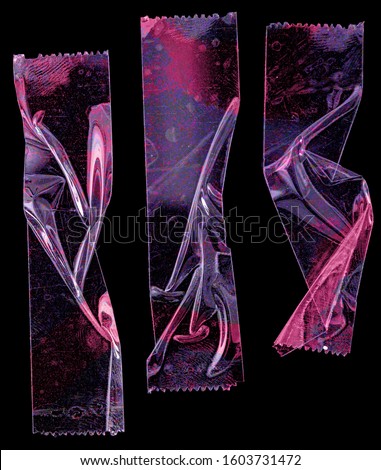 set of transparent adhesive tape or strips isolated on black background with glitter neon texture, crumpled plastic sticky snips, poster design overlays or elements.