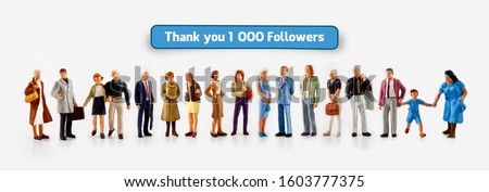 miniature people with a banner Thank you 1000 followers, template for social media networks