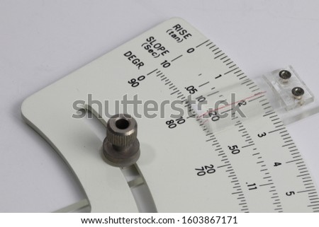 Rise, slope, degree indicator scales set on part of the precision measurement tool isolated on background.