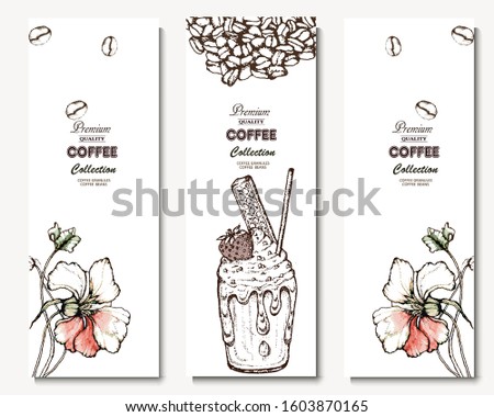 Coffee illustration. Hand drawn vector banner. Coffee beans, flower, dessert
