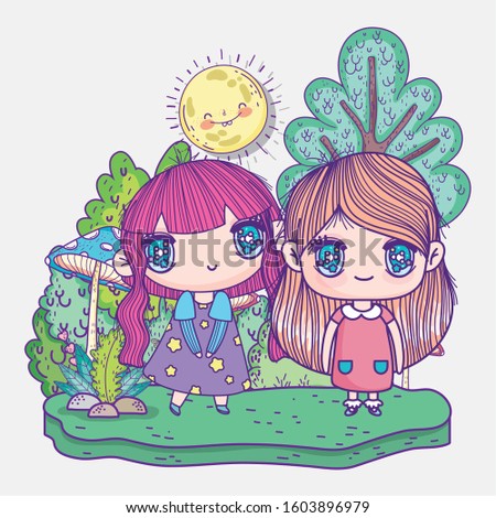 kids, cute little girls anime cartoon in the field trees mushroom sun natural vector illustration