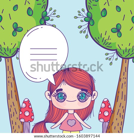 kids, little girl anime cartoon speech bubble forest trees mushrooms vector illustration