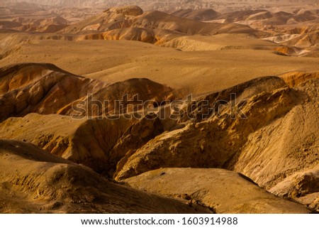 The sunny desert with rocks . Jordan. Desert Landscape with mountains.