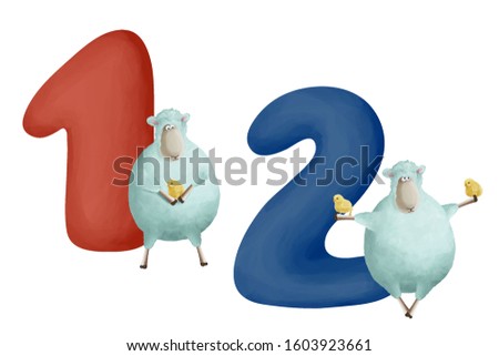 Learn count from 1 to 10 for kids. Cute little sheep with tiny chickens and bold numbers on white background. Clip art set, illustrations kit isolated. Part 1