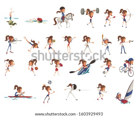 
Girl playing various sports: archery, athetics, baseball, basketball, boxing, canoe, cycling, equestrian, fencing, football, gymnastics, handball, judo, modern pentathlon, rowing, etc