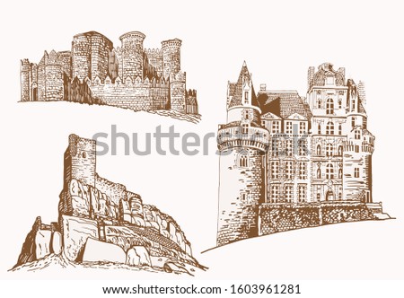Graphical vintage set of medieval castles , vector sepia illustration