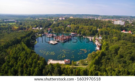Heviz, Hungary - the unique natural thermal water lake aerial view in summer stock photo. 