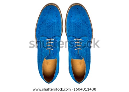 blue suede Casual classical fashion  male leather shoes isolated on a white background, top view, stock photography