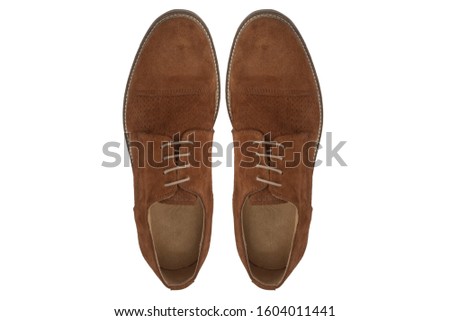 brown suede Casual classical fashion  male leather shoes isolated on a white background, top view, stock photography