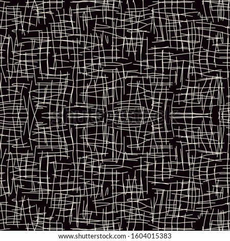 Scribble broken lines seamless surface pattern. Scrawl doodle print. Cross hatching texture. Distressed freehand sketch modern background. Handdrawn outlines wallpaper. Vector grunge abstract graphic