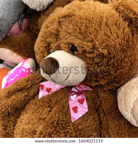 Macro photo teddy bear toy. Stock photo soft child toy teddy bear