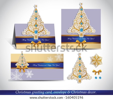 Christmas Greeting Card with envelope and decor. Presentation 