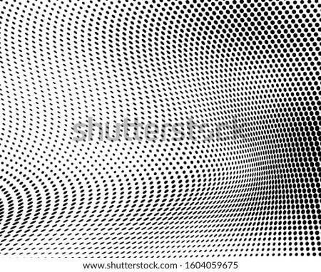 Abstract halftone texture in the form of a wave. Monochrome art background of black dots on white. Vector chaotic pattern. Template for printing and design of business cards, labels, posters
