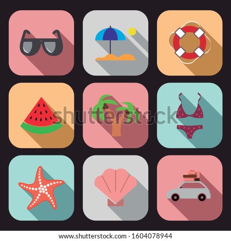 Collection of different summer icons. Shell, beach, watermelon, starfish, bikini, palm tree and lifeguard.
