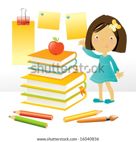 vector illustration of a happy little girl standing by a stack of books and school supplies, on white background