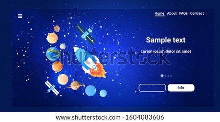 space rocket and satellite flying in sky over planets of solar system 5G online wireless system connection earth surface concept horizontal copy space vector illustration
