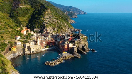 Landscape of the village of Vernazza seen from the top filmed by a drone, Cinque Terre, Italy