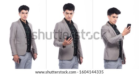 Portrait Snap Figure, Caucasian Business Man Stand in Suit dark green shirt gray pants, He has confident and read digital smart mobile phone in hand, collage group pack over white background isolated
