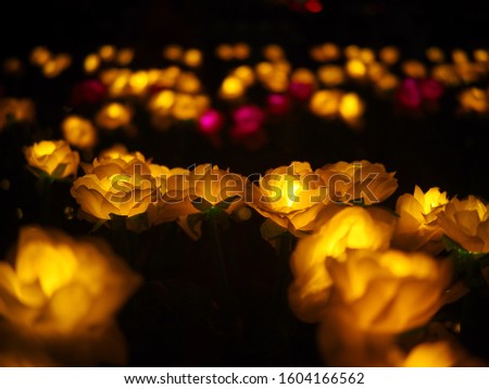 selective focus on yellow gold colour flower decorative light bulbs on city center walking street in Christmas and new year ceremony festival at night for festive backdrop background use 