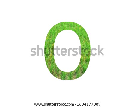 Stencil green font number 0 made of paddy field green on white background with paper cut shape of letters. letter printed on paper