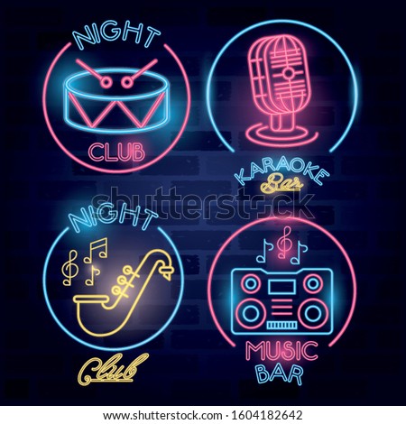 bundle of bar labels neon lights vector illustration design