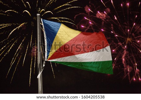 Seychelles flag blowing in the wind at night